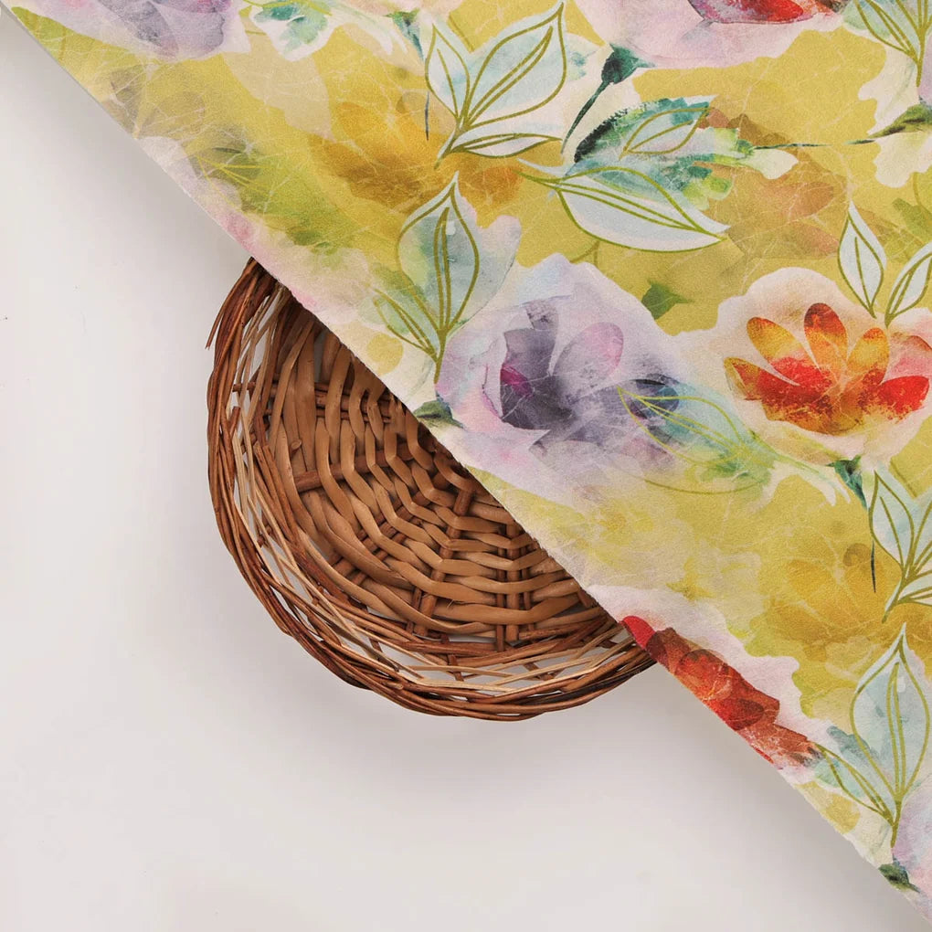 Yellow Watercolor Floral Printed Satin Fabric – 8355copy2