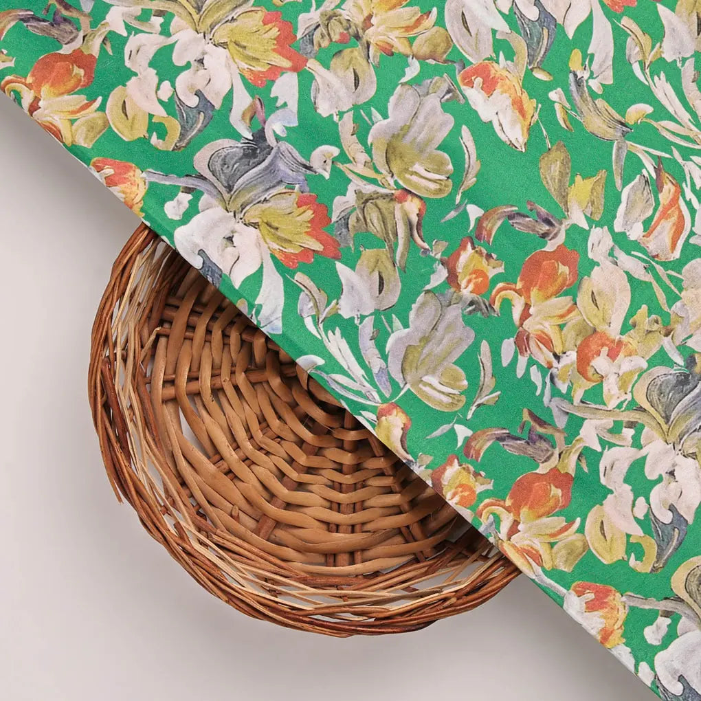 Green Floral Printed Satin Fabric – 8407 copy