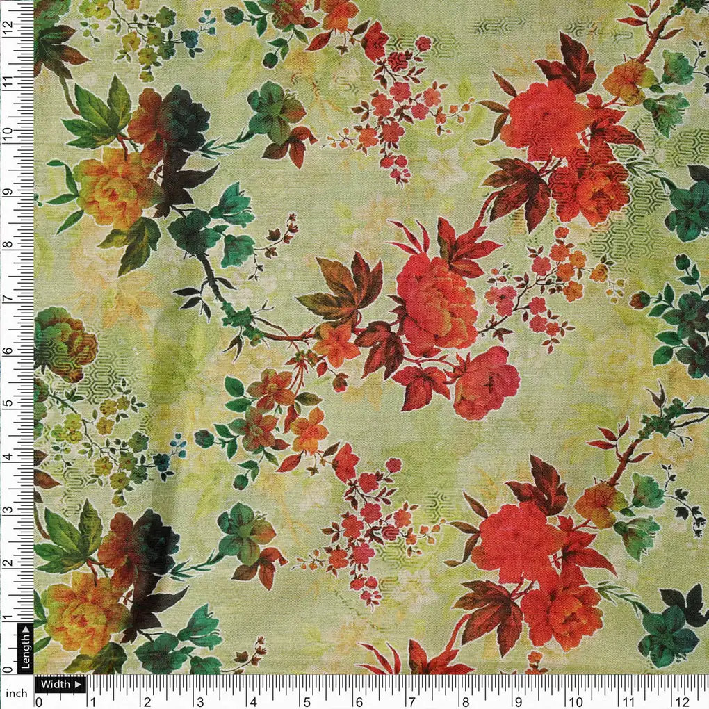 Green Floral Printed Dola Silk Fabric – 8440copy