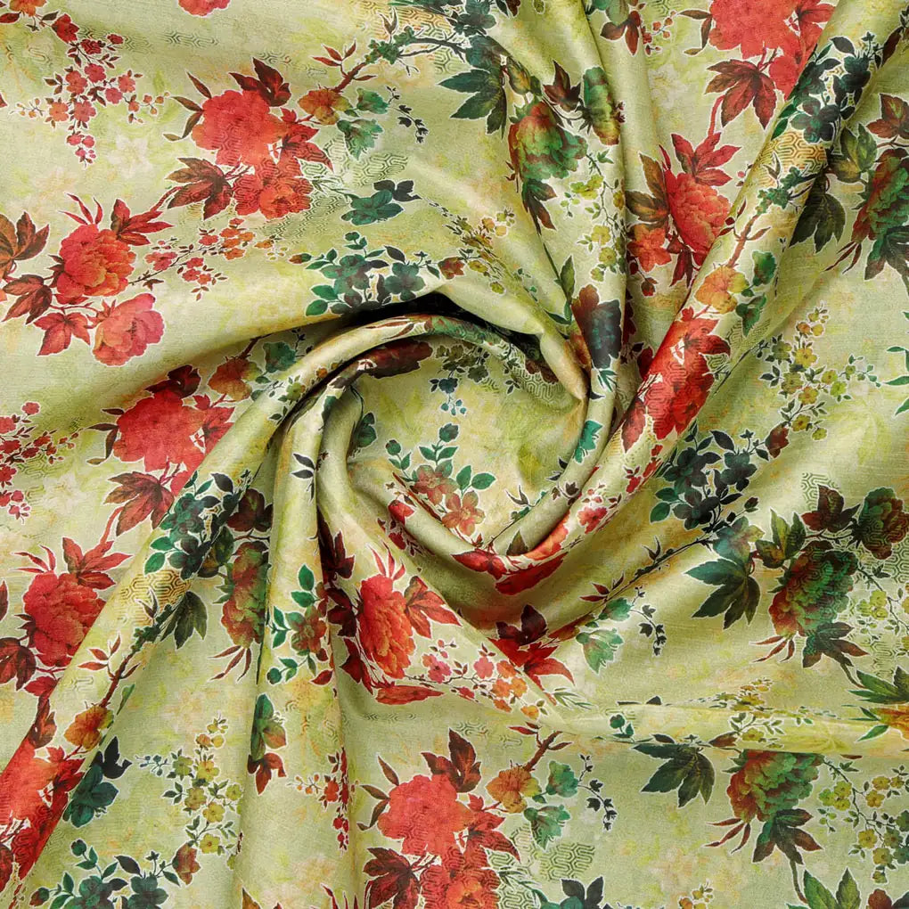 Green Floral Printed Dola Silk Fabric – 8441copy