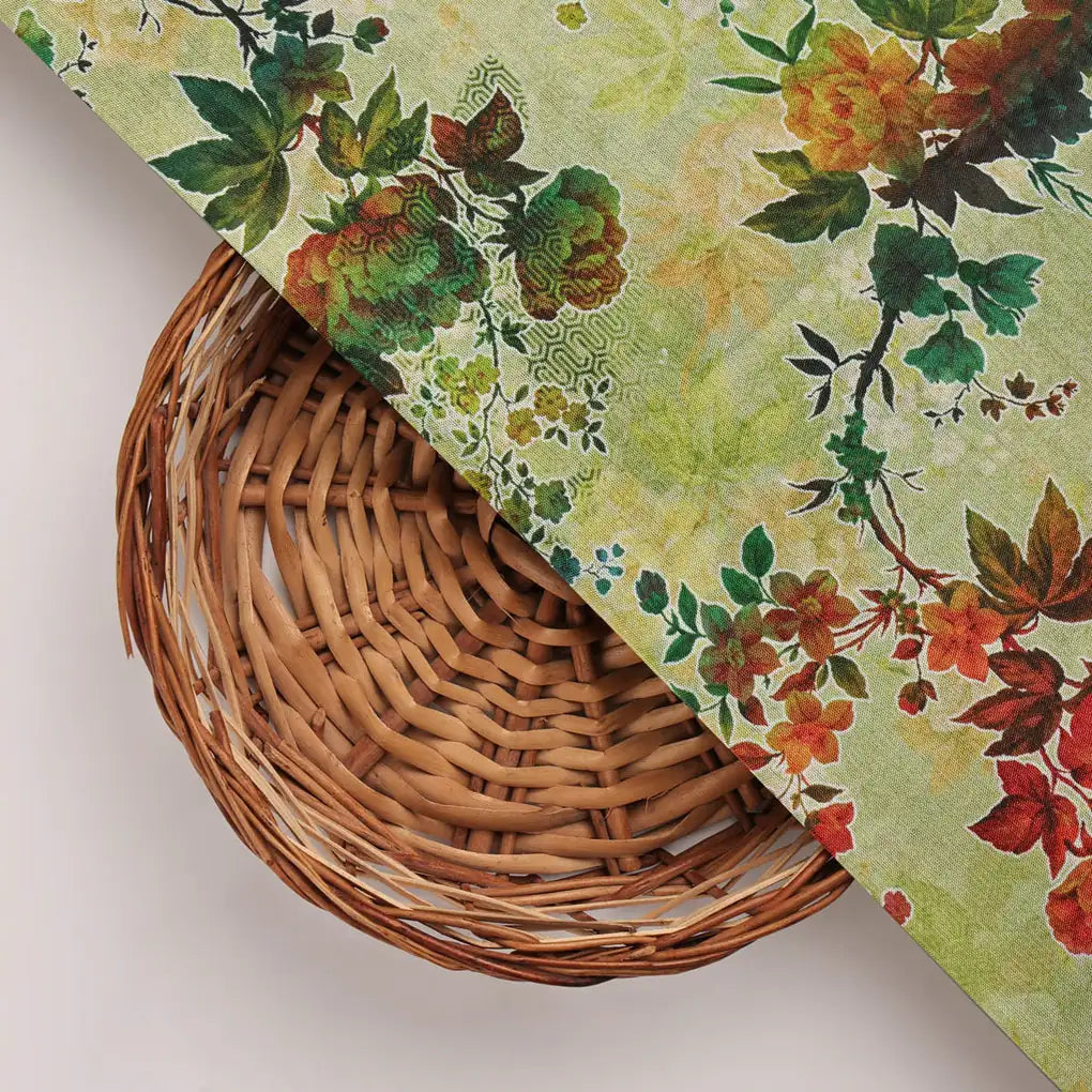 Green Floral Printed Dola Silk Fabric – 8443copy
