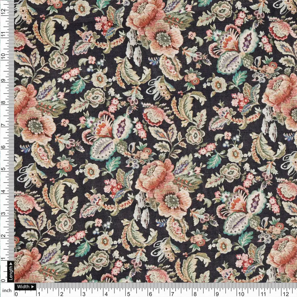 Black Floral Printed Dola Silk Fabric – 8476copy