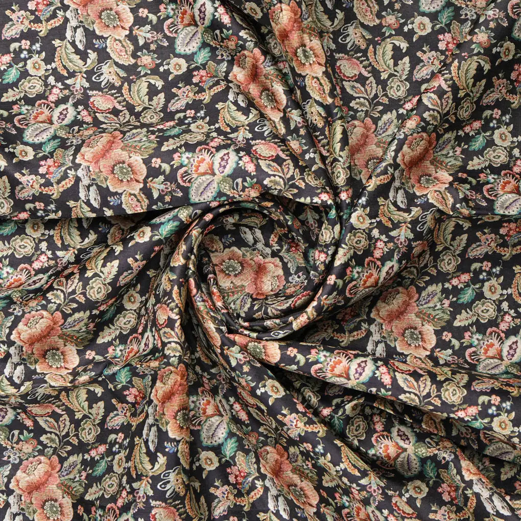 Black Floral Printed Dola Silk Fabric – 8477copy