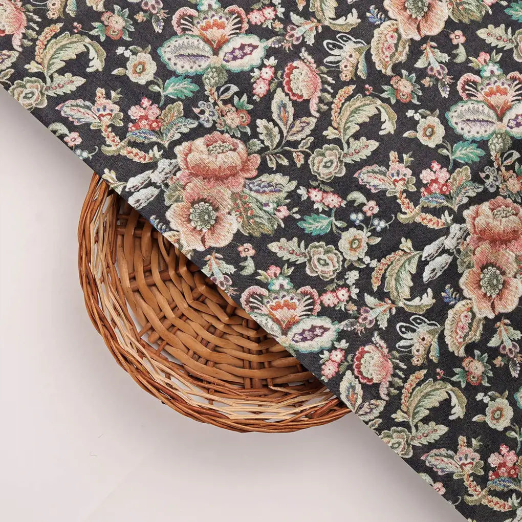Black Floral Printed Dola Silk Fabric – 8481copy