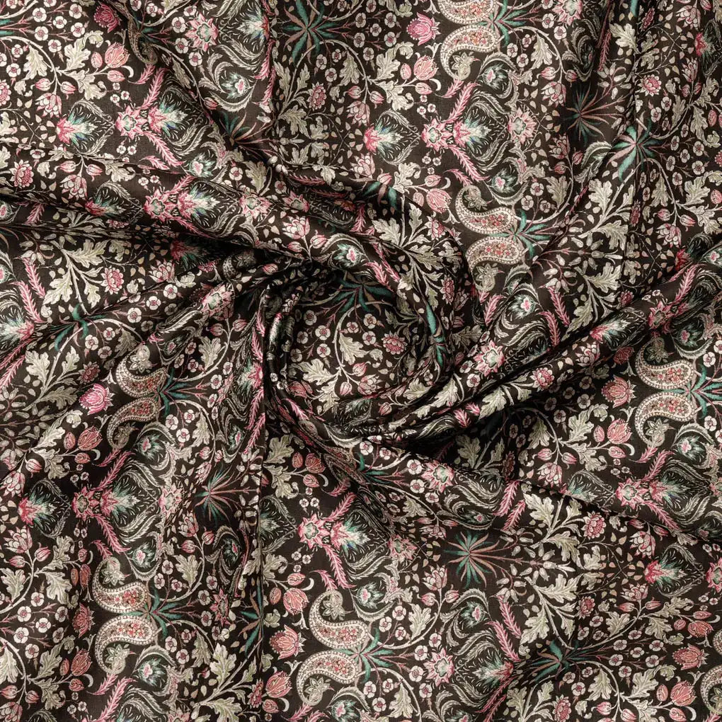 Dola Silk Black Floral Paisley Printed Fabric – 8509copy