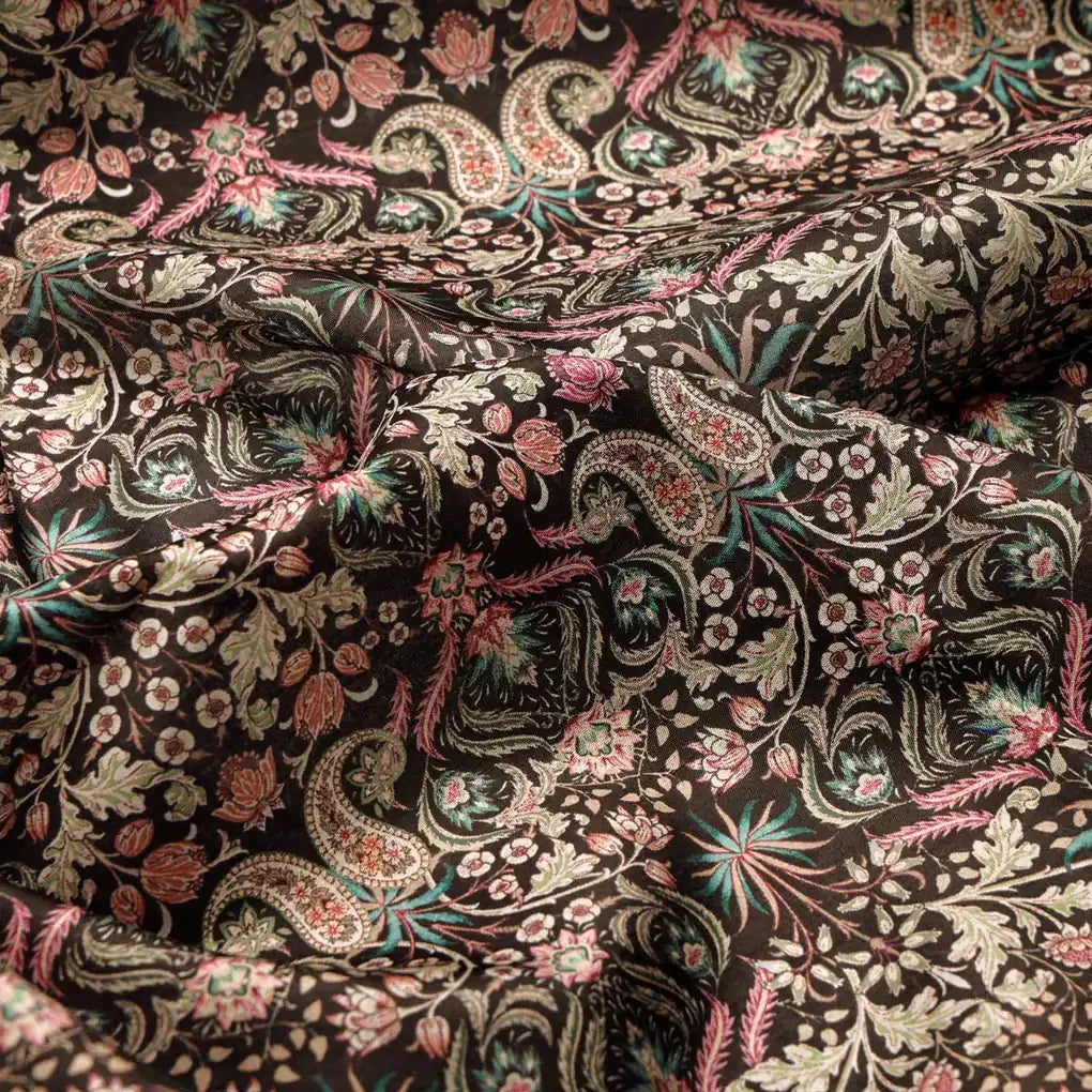Dola Silk Black Floral Paisley Printed Fabric – 8510copy