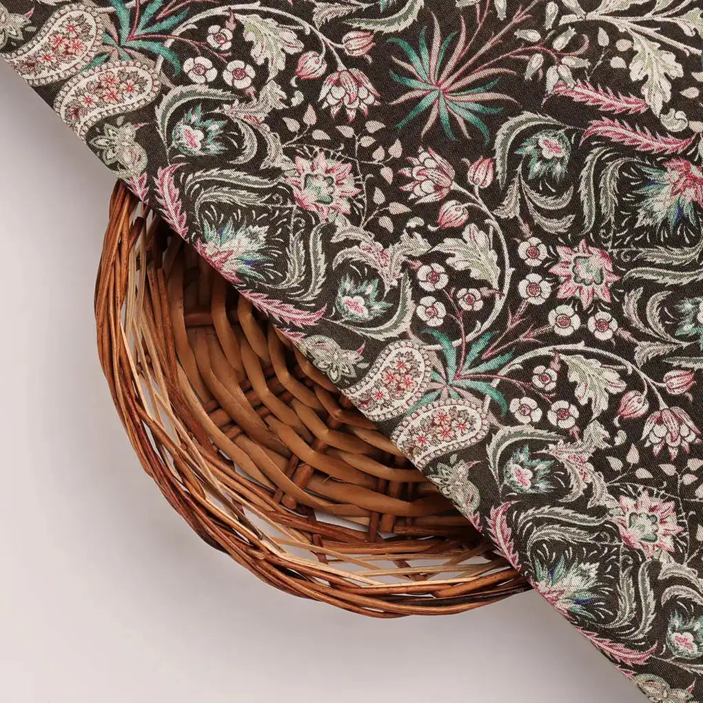 Dola Silk Black Floral Paisley Printed Fabric – 8511copy