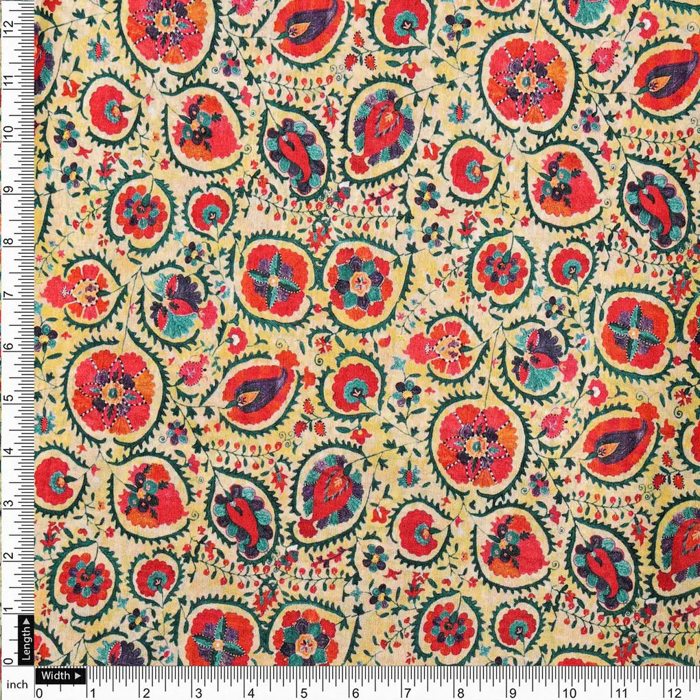 Yellow Dola Silk Ethnic Floral Printed Fabric for Dresses – 8523copy