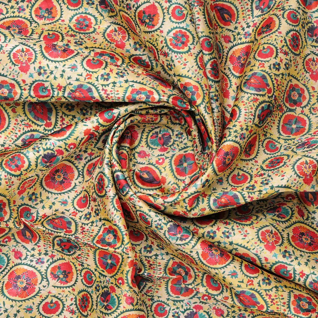 Yellow Dola Silk Ethnic Floral Printed Fabric for Dresses – 8524copy