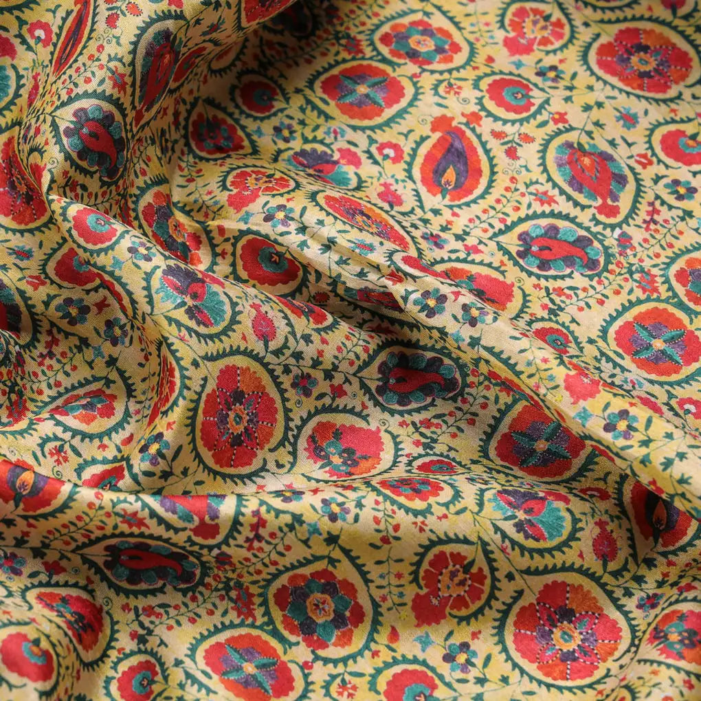 Yellow Dola Silk Ethnic Floral Printed Fabric for Dresses – 8525copy
