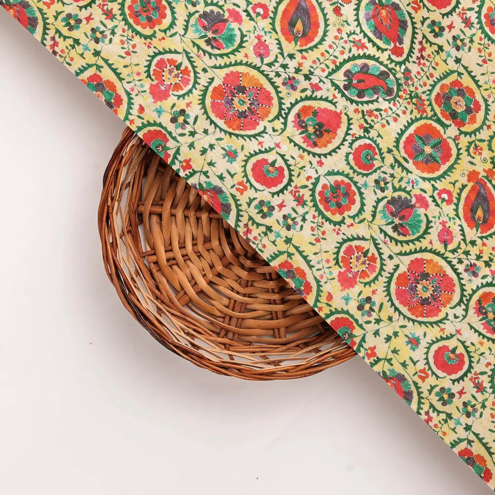 Yellow Dola Silk Ethnic Floral Printed Fabric for Dresses – 8526copy