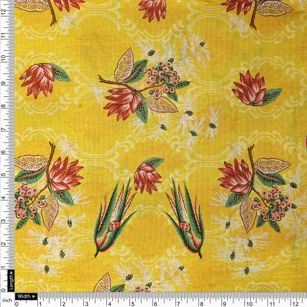 FAB VOGUE Studio Yellow Dola Silk Floral Printed Fabric – 8566copy