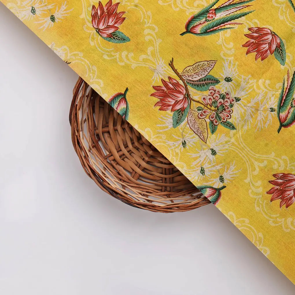 FAB VOGUE Studio Yellow Dola Silk Floral Printed Fabric – 8569copy