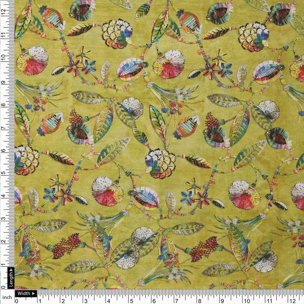 Lime Green Dola Silk Fabric with Vibrant Floral Print – 8593copy