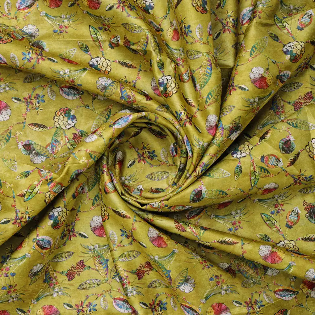 Lime Green Dola Silk Fabric with Vibrant Floral Print – 8594copy