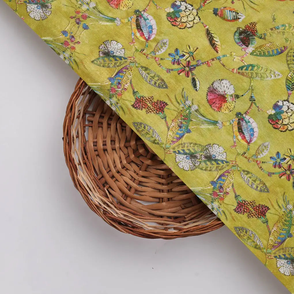 Lime Green Dola Silk Fabric with Vibrant Floral Print – 8596copy