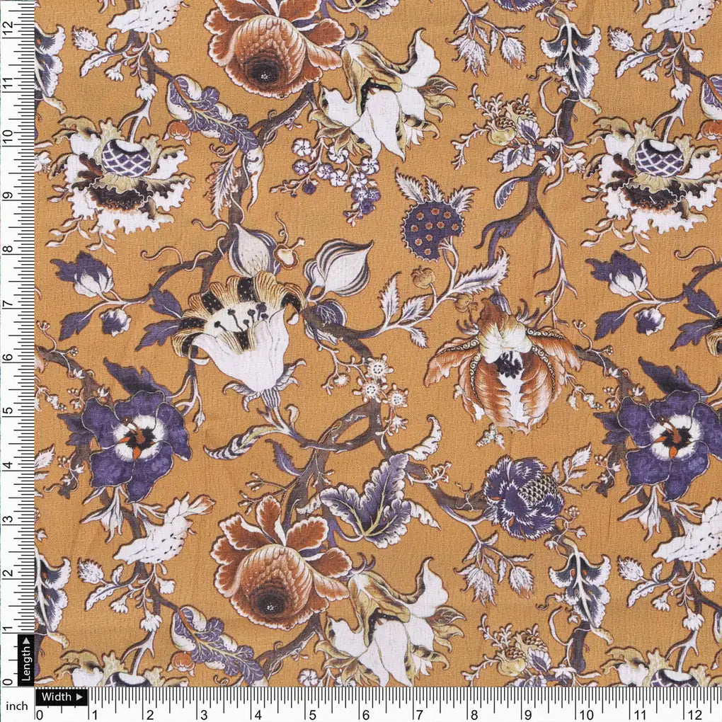 Mustard Ethnic Floral Printed Polyester Fabric for Apparel & Decor – 9534copy
