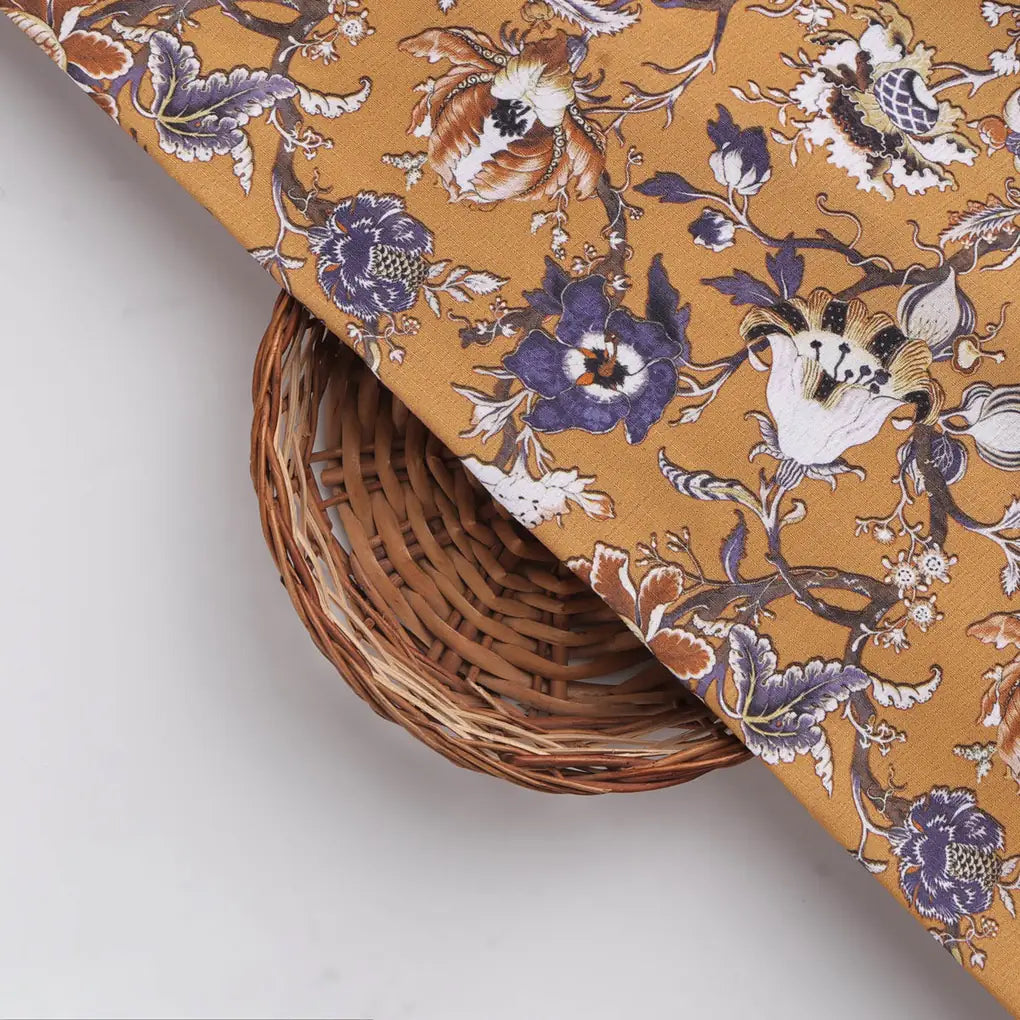 Mustard Ethnic Floral Printed Polyester Fabric for Apparel & Decor – 9538copy