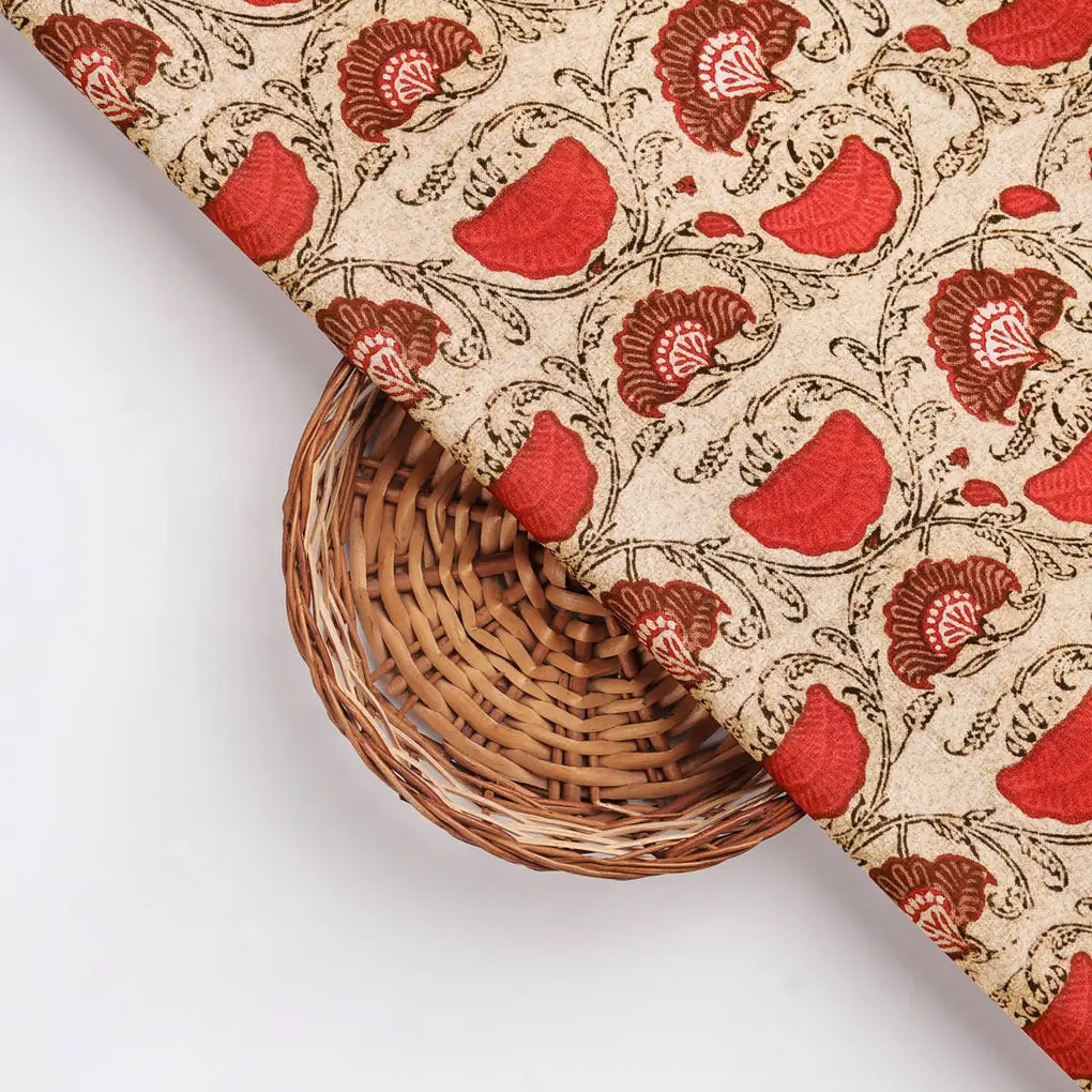 Ethnic Floral Red Cream Polyester Fabric for Outfits – 9563copy