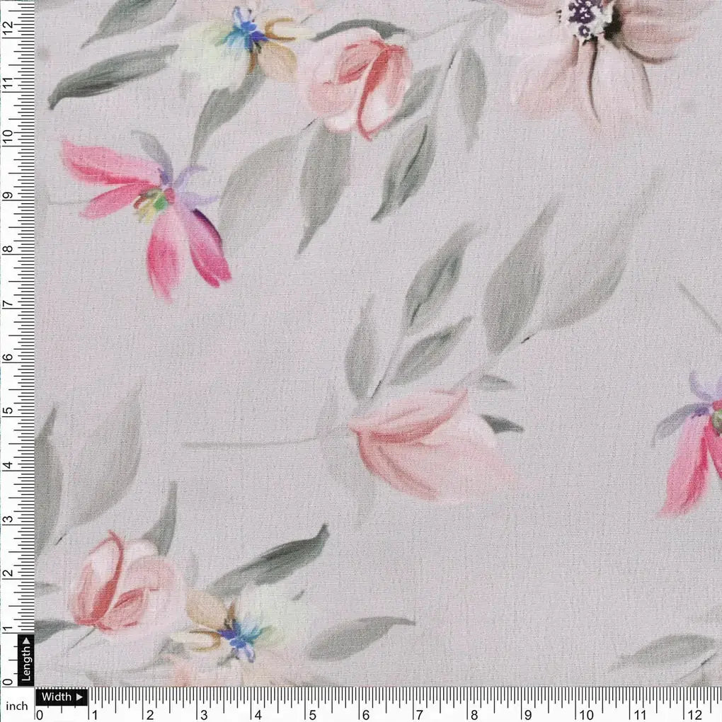Light Grey Watercolor Floral Printed Premium Polyester Fabric – 9656copy