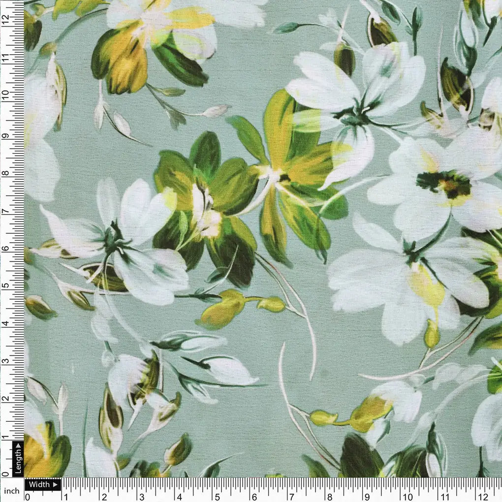 Sea Green & White Floral Printed Premium Polyester Fabric – 9662copy