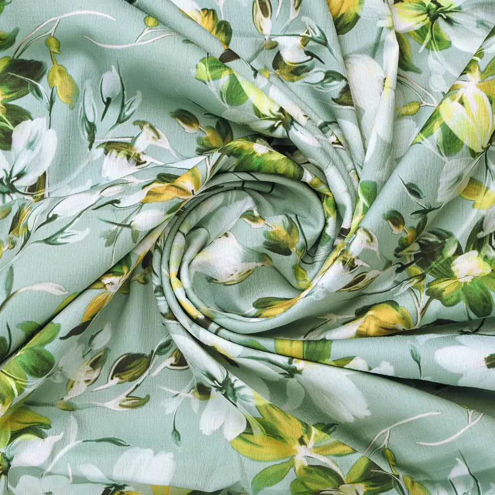 Sea Green & White Floral Printed Premium Polyester Fabric – 9663copy
