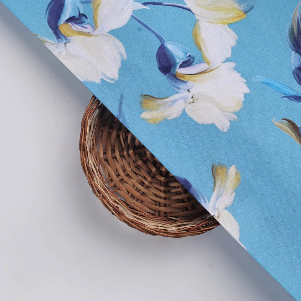 Turquoise Blue Floral Polyester Fabric for Dresses & Tops – 9670copy