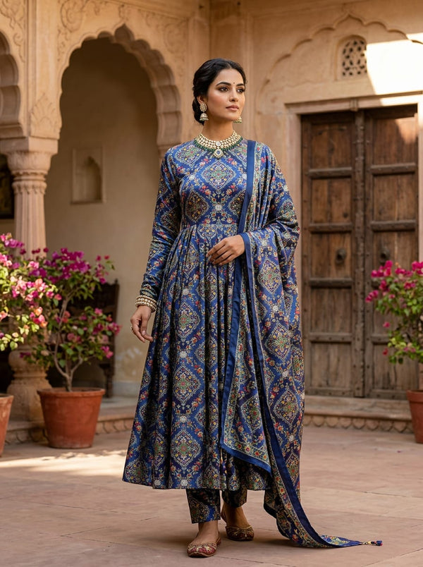 Navy Royal Ethnic Damask Pattern Japan Satin Digital Printed Fabric - Anarkali Kurta Set Lookbook - JS-0-AA881-110 - alternate view