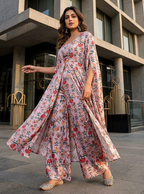 Multicolor Painterly Carnation Floral Japan Satin Digital Printed Fabric - Cape with Palazzo Lookbook - JS-0-MA011156-110 - alternate view