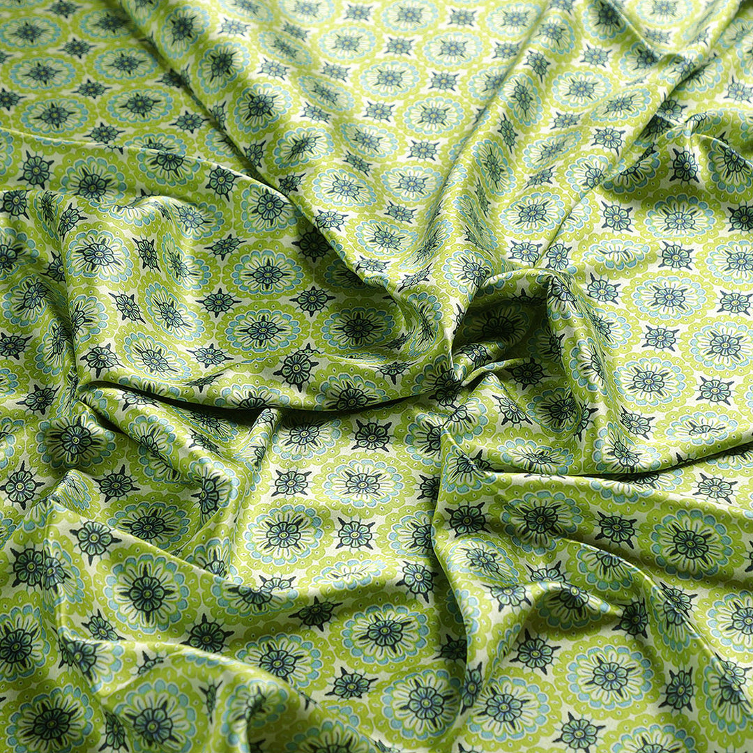 Attractive Tiny Green Link Flower Digital Printed Fabric - Japan Satin