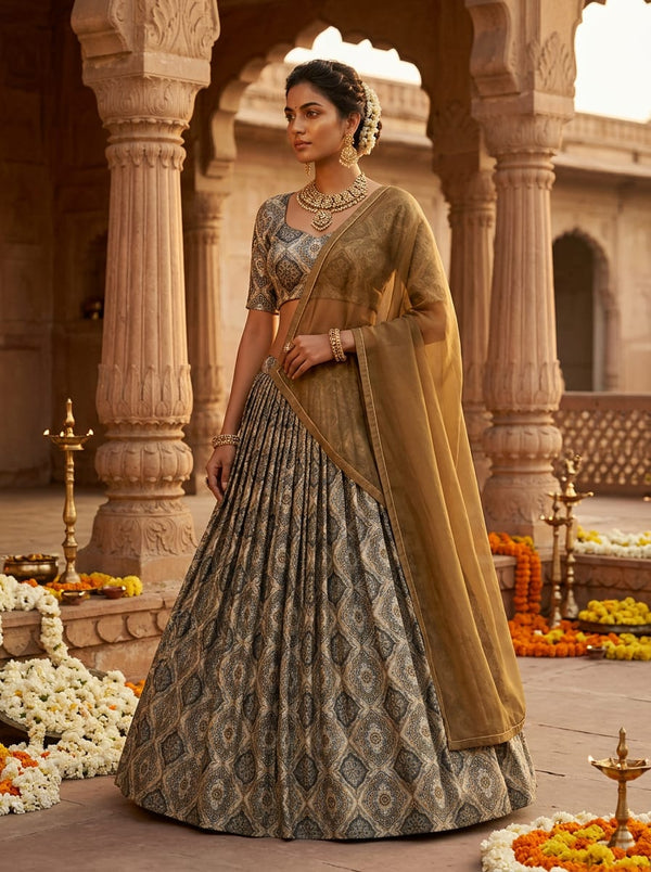 Multicolor Intricate Geometric Ethnic Japan Satin Digital Printed Fabric - Lehenga Choli Lookbook - JS-0-MA02008-110 - alternate view