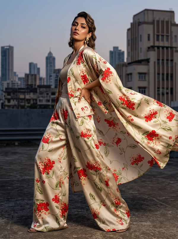 Cream Red Hydrangea Floral Vine Japan Satin Digital Printed Fabric - Cape with Palazzo Lookbook - JS-0-MA022763-110 - alternate view