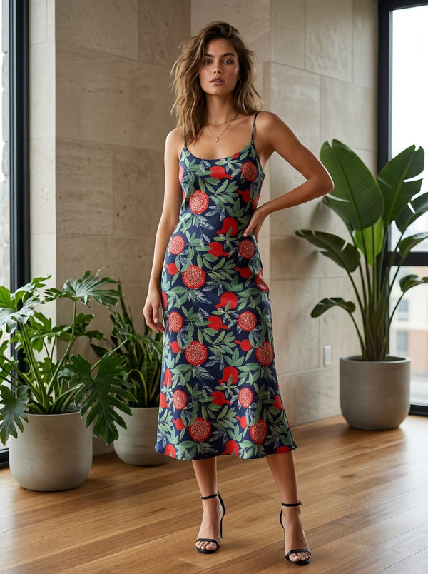 Multicolor Pomegranate Botanical Print Japan Satin Digital Printed Fabric - Slip Dress Lookbook - JS-0-MA0510-110 - alternate view