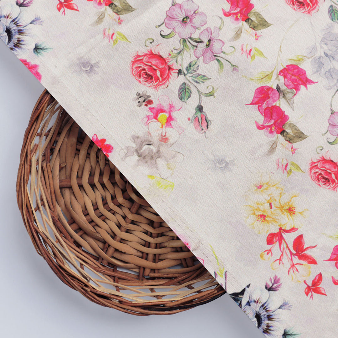 Beautifull Red And Pink Camellia Rose Of Branch Digital Printed Fabric - Japan Satin