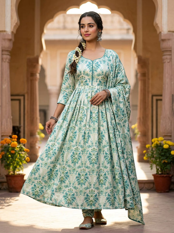 Cream Teal Green Damask Paisley Japan Satin Digital Printed Fabric - Anarkali Kurta Set Lookbook - JS-0-MA09794-110 - alternate view