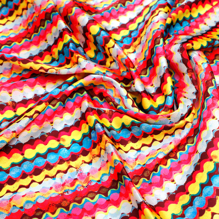 Gorgeous digital printed fabric in multicolor with strips and waving design