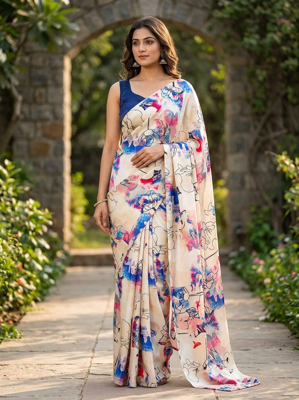 Multicolor Abstract Brushstroke Floral Japan Satin Digital Printed Fabric - Saree Lookbook - JS-0-TA0425-110 - alternate view