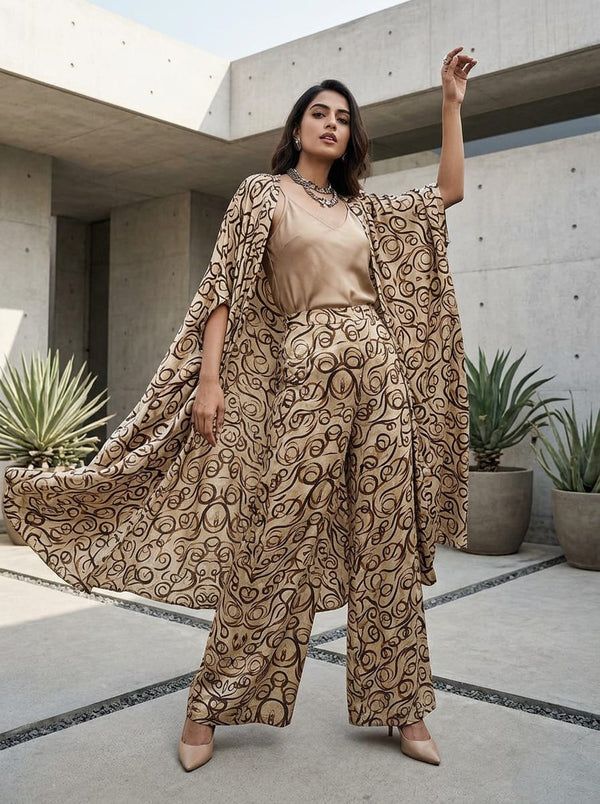 Cream Abstract Swirl Pattern Japan Satin Digital Printed Fabric - Cape with Palazzo Lookbook - JS-0-TA05679-110 - alternate view