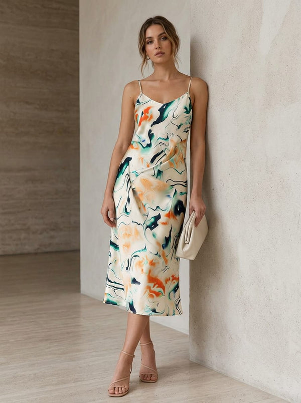 Multicolor Abstract Marble Swirl Japan Satin Digital Printed Fabric - Slip Dress Lookbook - JS-0-TA06342-110 - alternate view