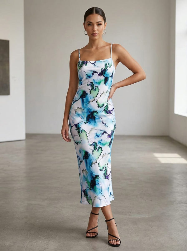 Multicolor Abstract Marble Ink Japan Satin Digital Printed Fabric - Slip Dress Lookbook - JS-0-TA06343-110 - alternate view