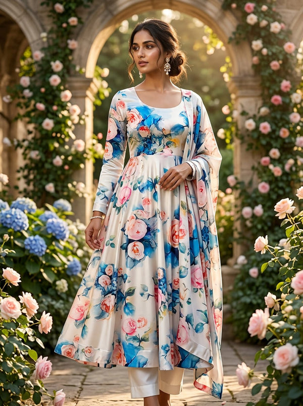 Multicolor Watercolor Rose Floral Japan Satin Digital Printed Fabric - Anarkali Kurta Set Lookbook - JS-0-TA06801-110 - alternate view