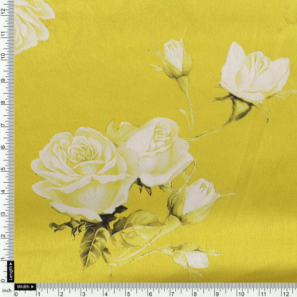 Classy Yellow Floral Digital Printed Japan Satin Fabric