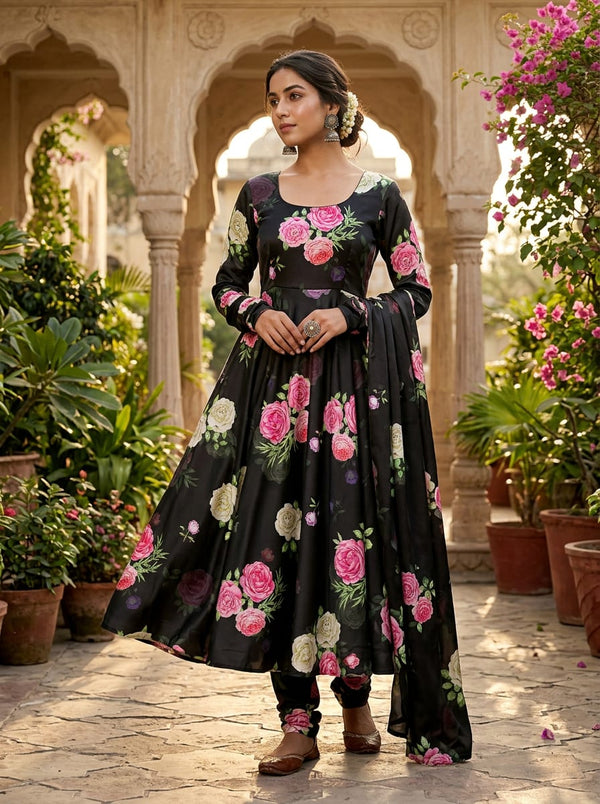 Black Classic Roses Floral Print Japan Satin Digital Printed Fabric - Anarkali Kurta Set Lookbook - JS-0-TA08400-110 - alternate view