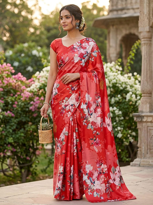 Red Lush Botanical Floral Japan Satin Digital Printed Fabric - Saree Lookbook - JS-0-TA08527-110 - alternate view