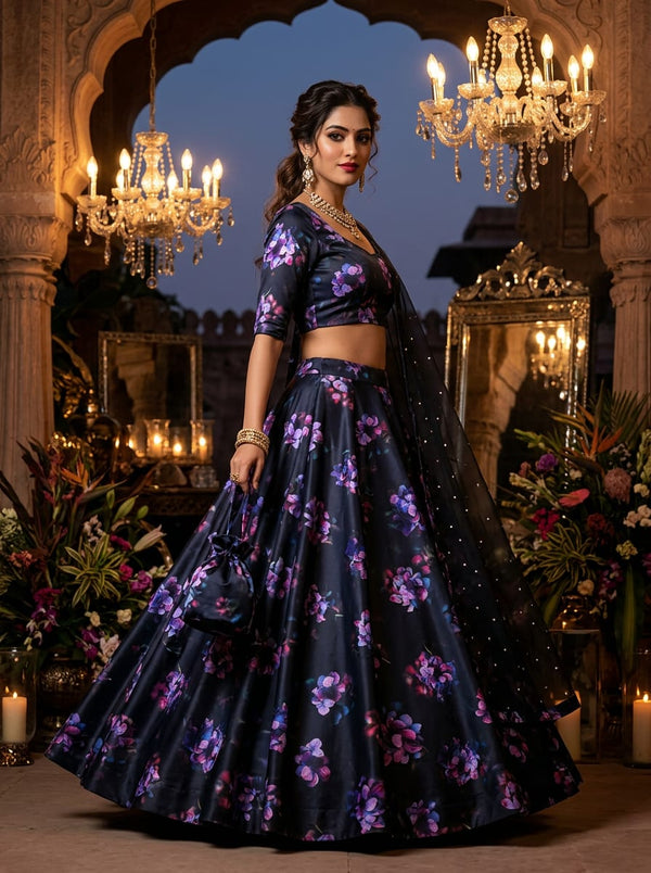 Black Moody Hydrangea Floral Japan Satin Digital Printed Fabric - Lehenga Choli Lookbook - JS-0-TA08884-110 - alternate view