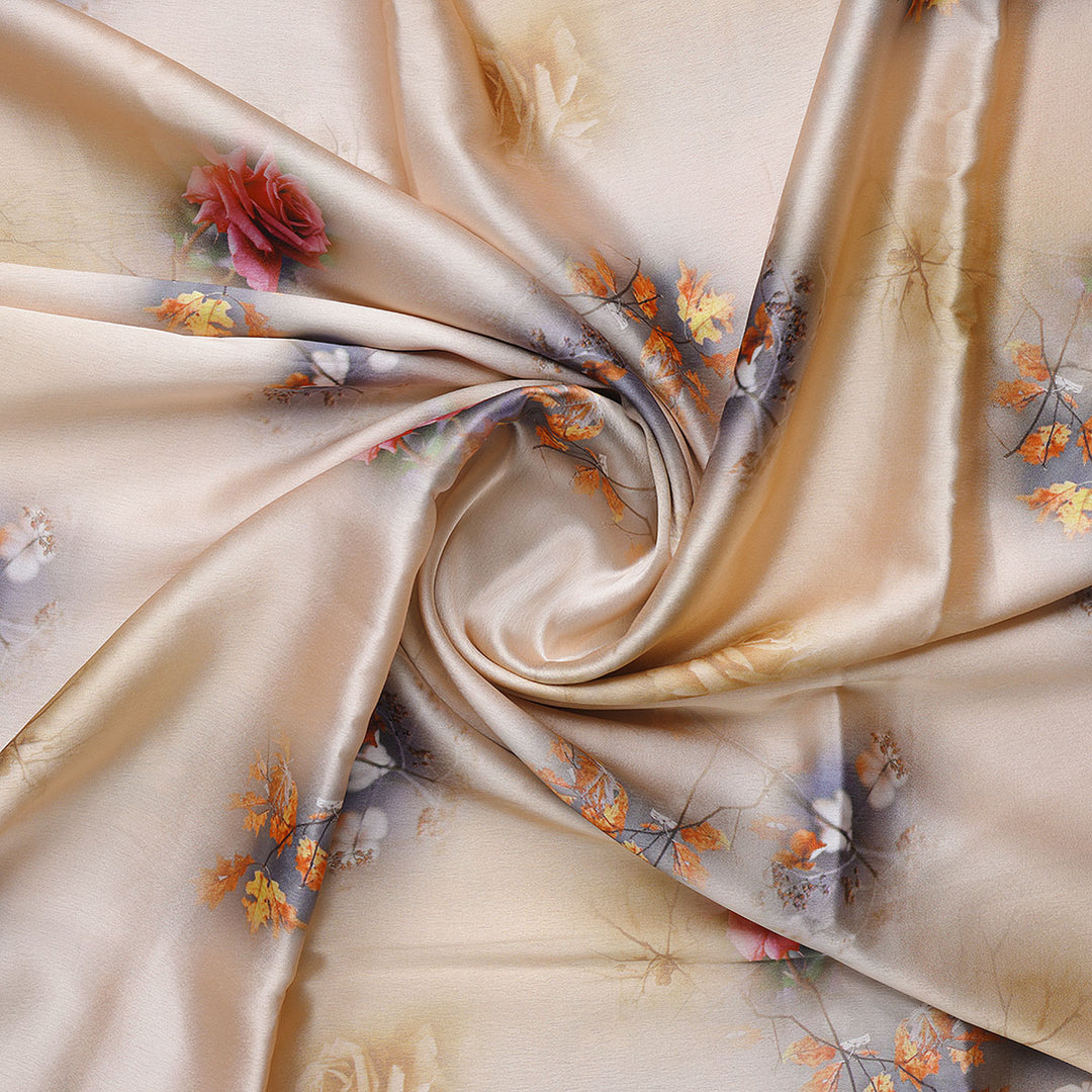 Decorative Roses With Autumn Buds Art Digital Printed Fabric - Japan Satin