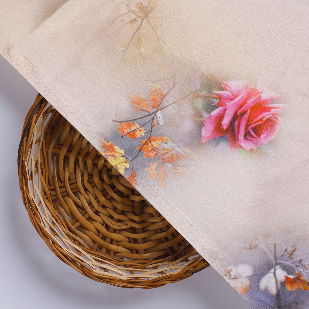 Decorative Roses With Autumn Buds Art Digital Printed Fabric - Japan Satin
