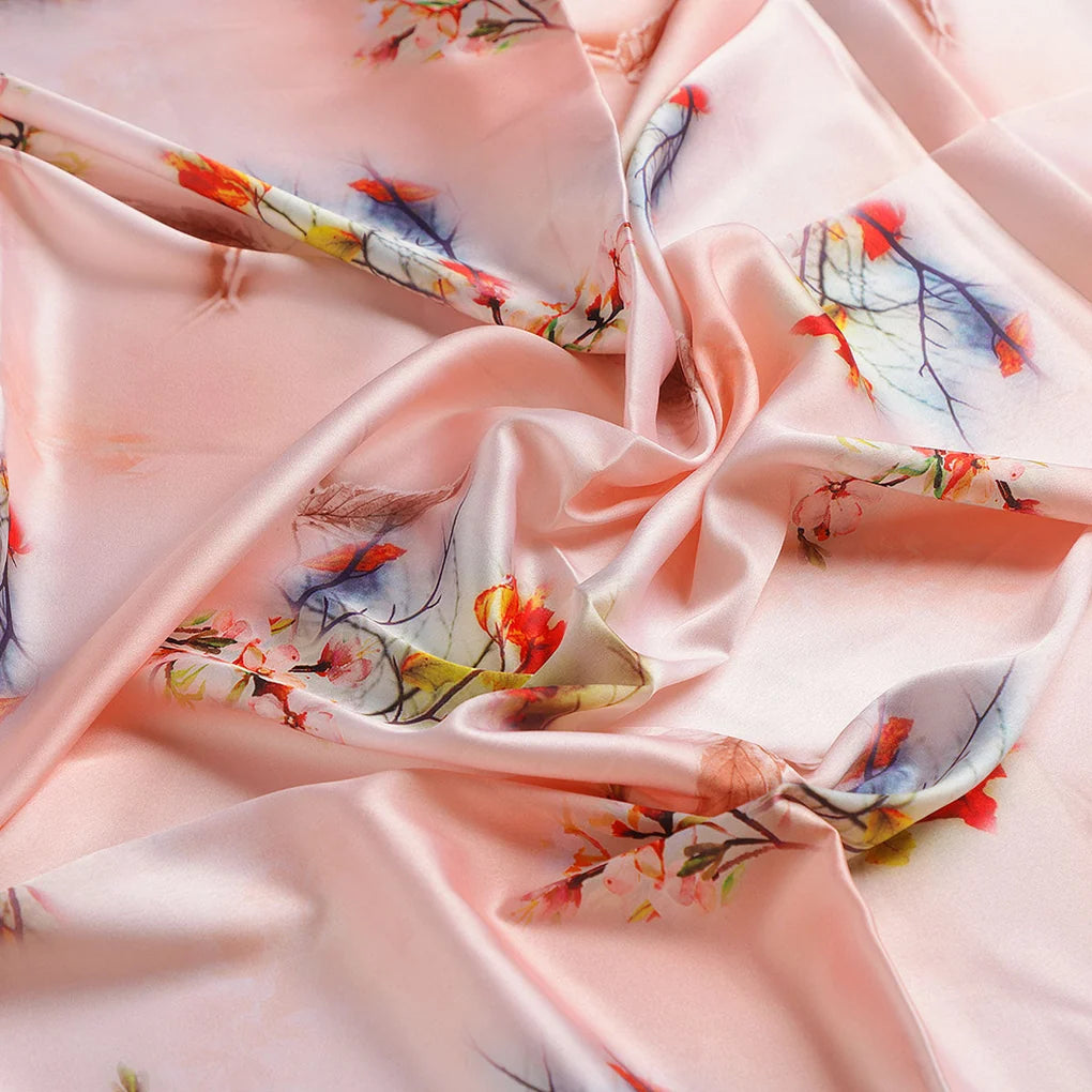 Antique Coral Colour Background With Autumn Buds Digital Printed Fabric - Japan Satin – js 0 ta09563p1 110 a