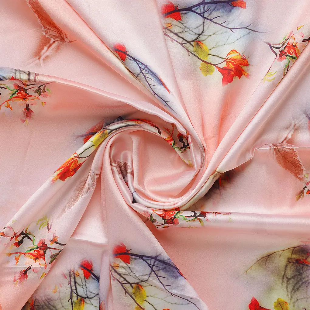 Antique Coral Colour Background With Autumn Buds Digital Printed Fabric - Japan Satin – js 0 ta09563p1 110 b