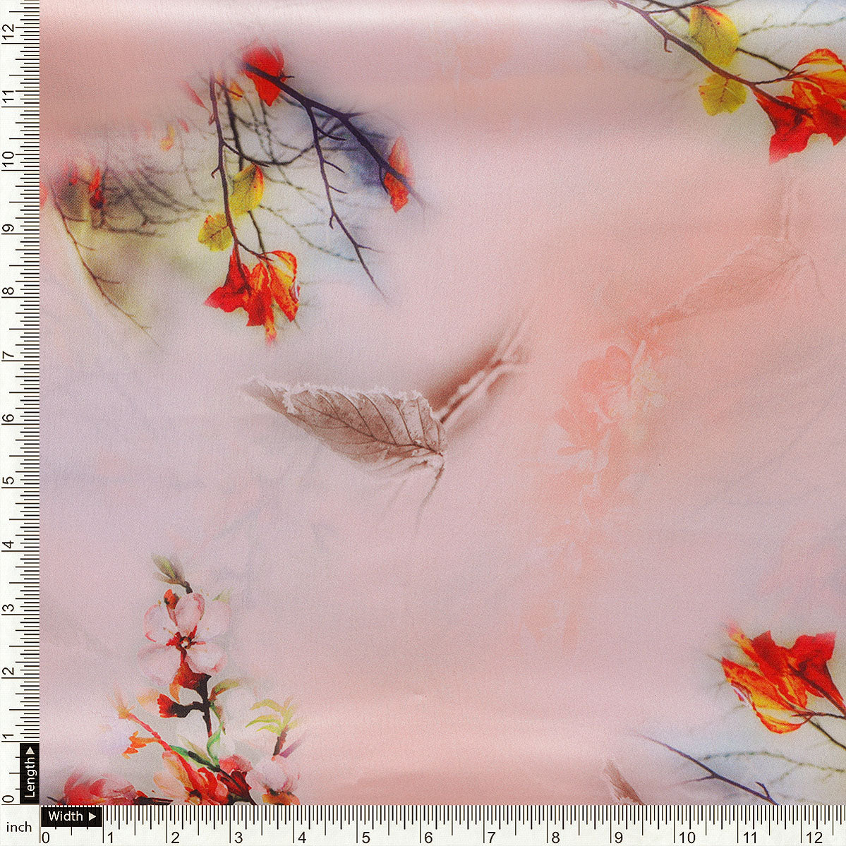 Antique Coral Colour Background With Autumn Buds Digital Printed Fabric - Japan Satin